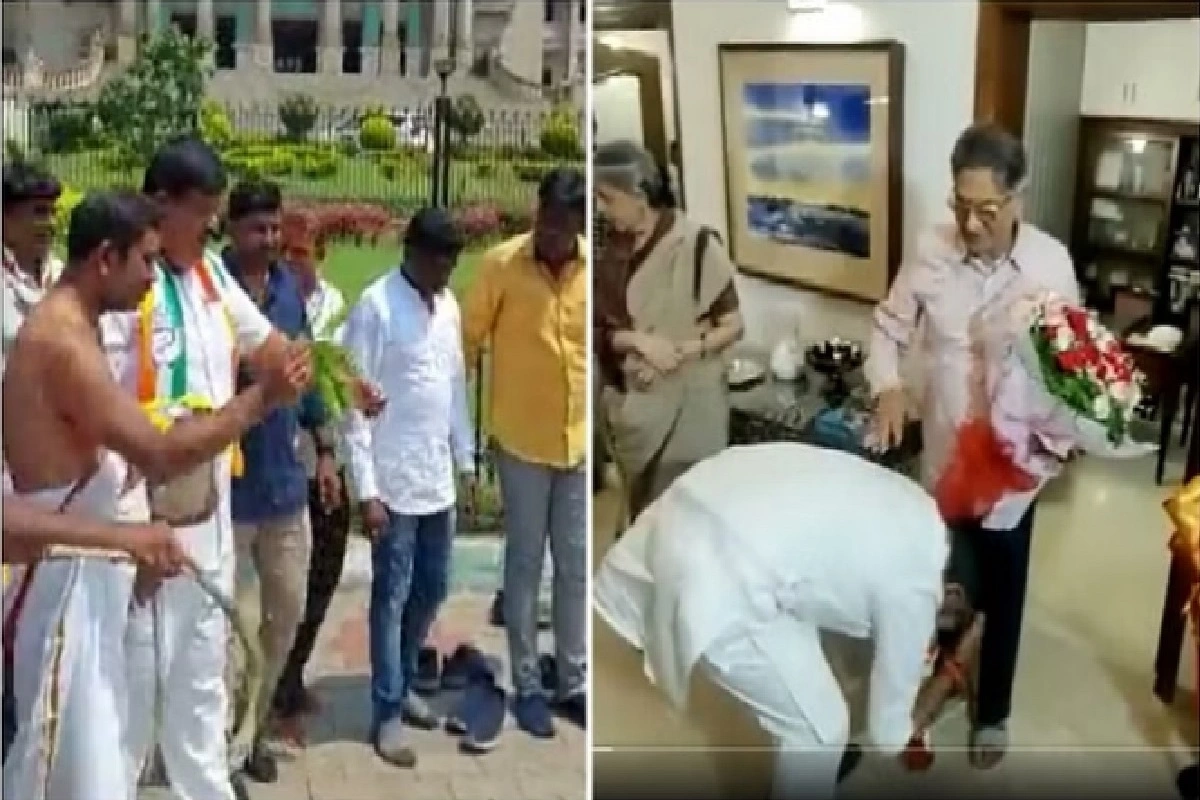 Karnataka: कांग्रेस विधायकों ने विधानसभा के बाहर छिड़का गोमूत्र, डीके शिवकुमार ने इस BJP नेता के छुए पैर