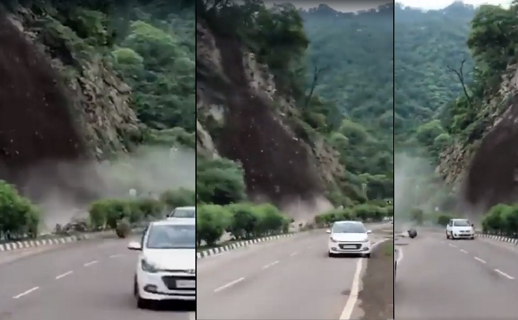 VIDEO: उत्तराखंड और हिमाचल प्रदेश में दरक रहे पहाड़, देखिए कैसे हाईवे पर अचानक गिरीं चट्टानें, बाल-बाल बची कार