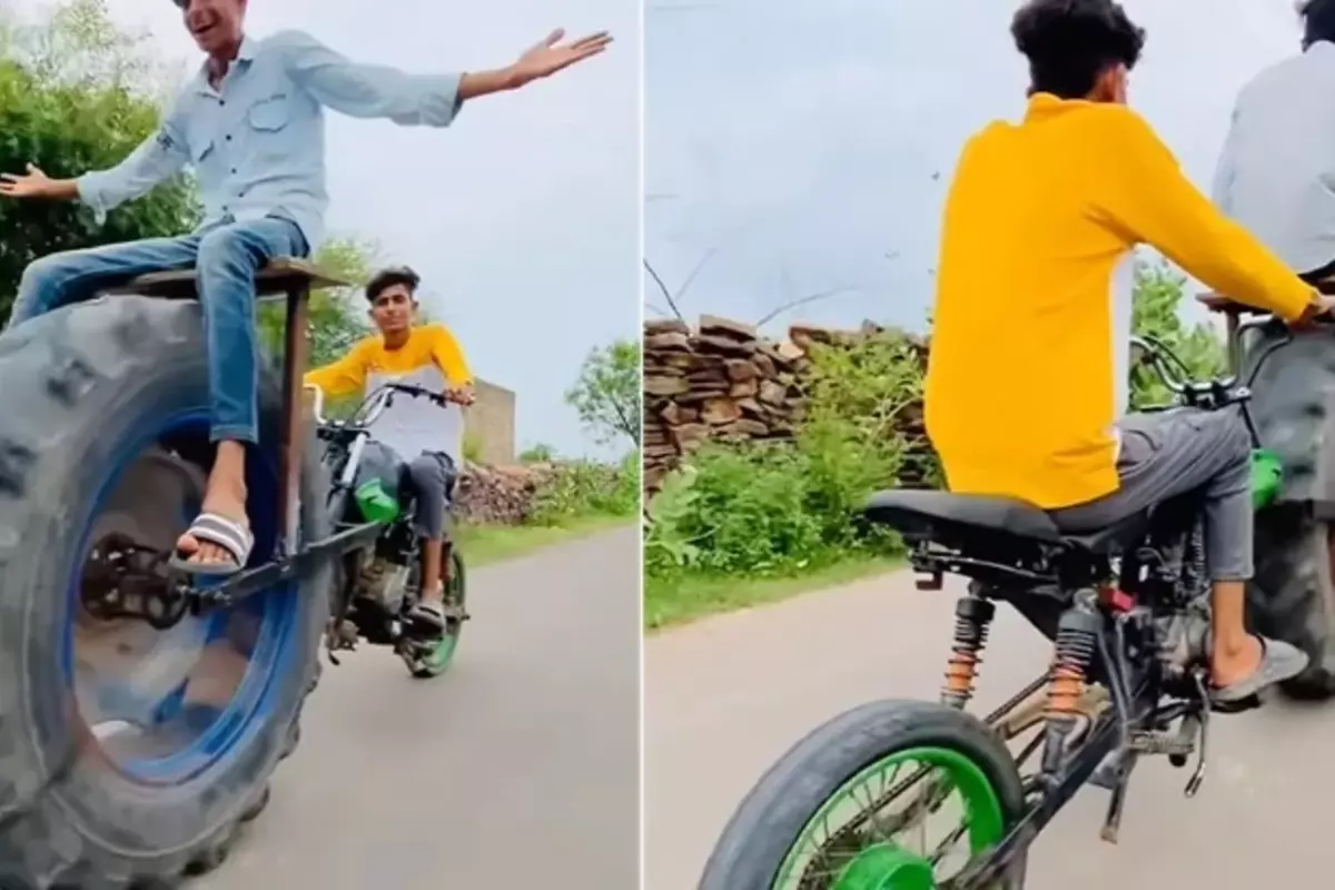 Viral Video: गजब का देसी जुगाड़, बाइक में लगा दिया ट्रैक्टर का चक्का, वीडियो देख लोग हैरान