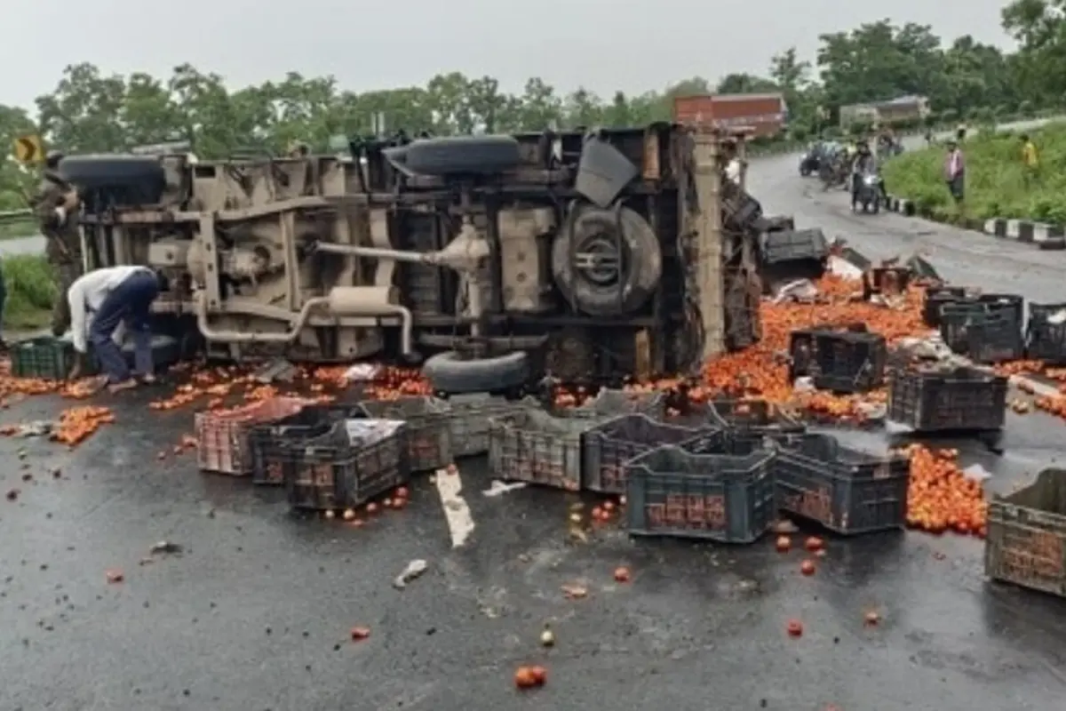 Tomato Loot: सड़क पर पलट गई टमाटर से लदी गाड़ी, जिसके हाथ जो लगा, लूट ले गए लोग