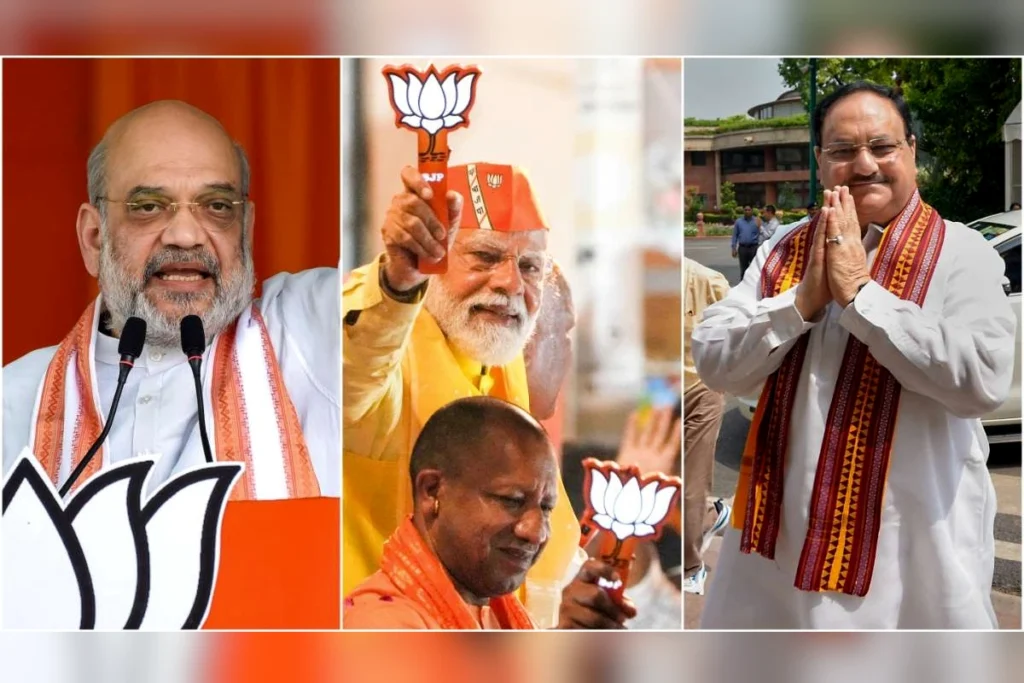 Home Minister Amit Shah, Uttar Pradesh Chief Minister Yogi Adityanath, and PM Modi.