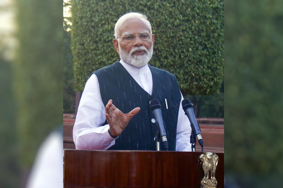 Prime Minister Narendra Modi addresses the media after meeting with President Droupadi Murmu and staking claim to form the government as leader of the National Democratic Alliance (NDA) Parliamentary Party, at Rashtrapati Bhavan, in New Delhi on Friday. The President appointed him as PM-designate and he will take oath for the third consecutive time on 9th June.(IANS/Qamar Sibtain)