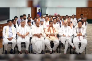 New Delhi : National Democratic Alliance (NDA) leaders attend the meeting with Prime Minister-designate Narendra Modi (unseen) before the swearing-in ceremony of the new Cabinet and council of ministers, at his residence in New Delhi on Sunday, June 09, 2024.(IANS)