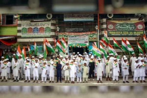 New Delhi: Students of Madrasa Bab ul Uloom gathers for the Tiranga Yatra ahead of 78th Independence Day celebration at Jaffrabad in New Delhi on Wednesday August 14, 2024. (Photo:IANS/Qamar sibtain) 