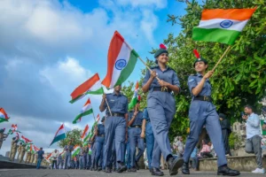 Title : Mumbai: NCC Cadets march past along Marine Drive on the eve of 58th Independence Day celebrations