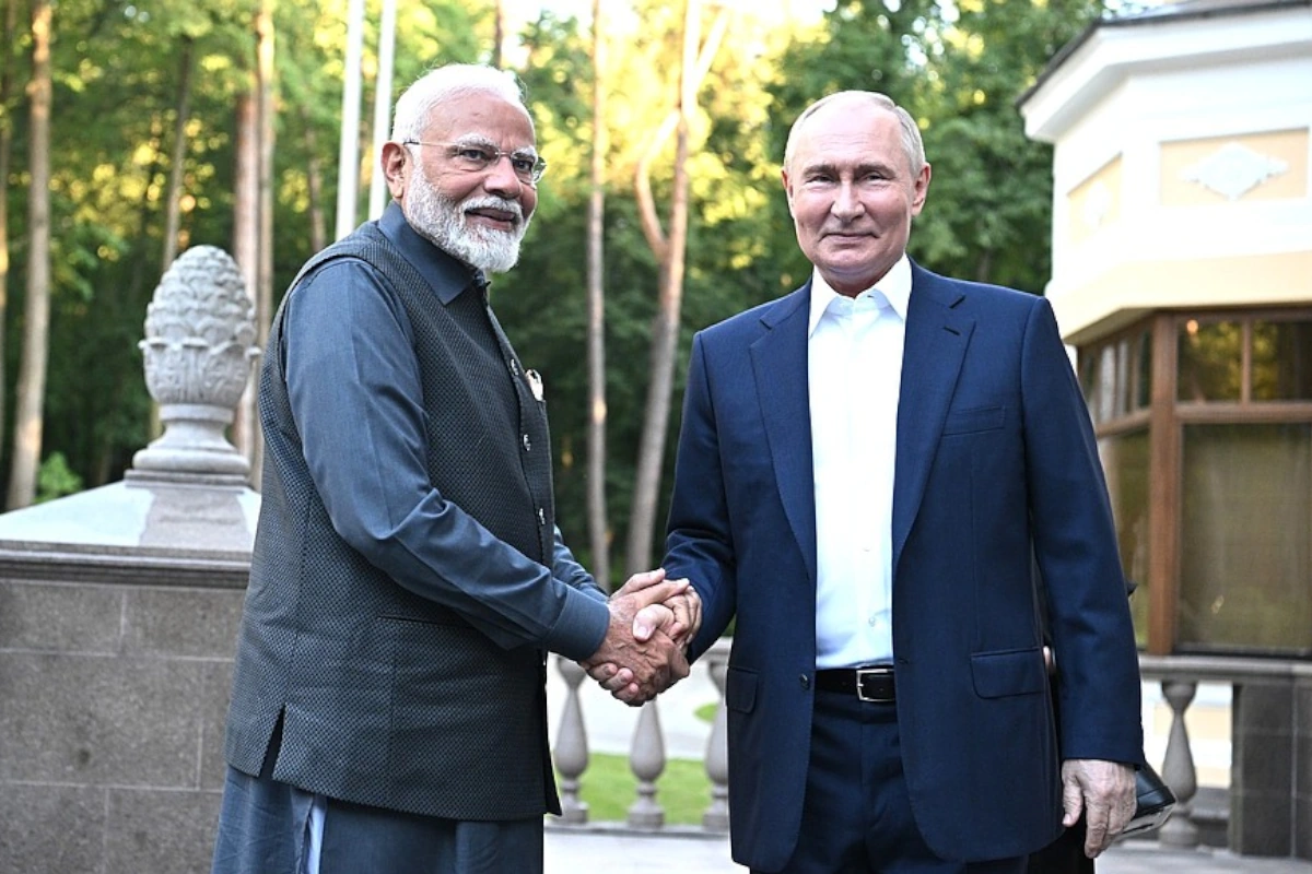 Prime Minister Narendra Modi with Russian President Vladimir Putin during an informal meeting at Novo-Ogaryovo residence, in Moscow, Russia, Monday, July 8, 2024. (Photo: IANS/Kremlin)