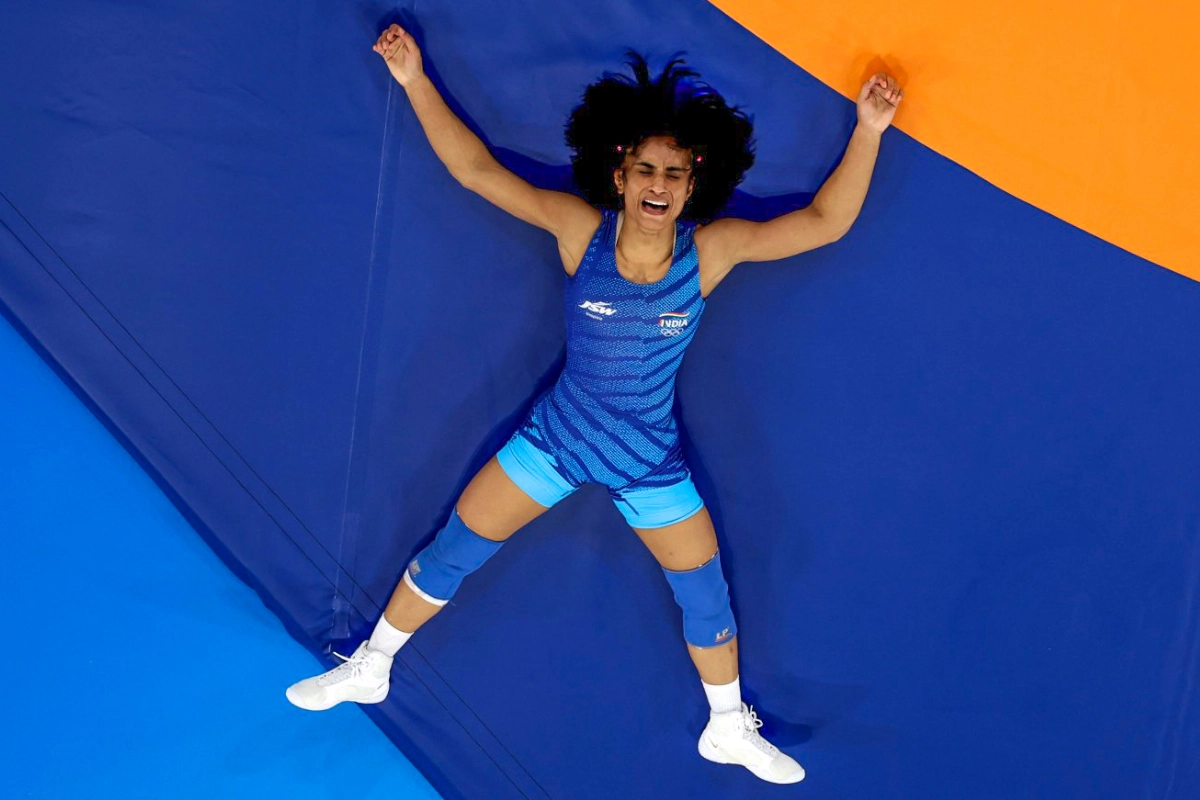 India's Vinesh Phogat celebrates after defeating Japan's Yui Susaki in the round of 16 of the women's freestyle 50kg wrestling match at Paris Olympics 2024, in Paris, France, Tuesday, August 06, 2024. (Photo: IANS/WFI)