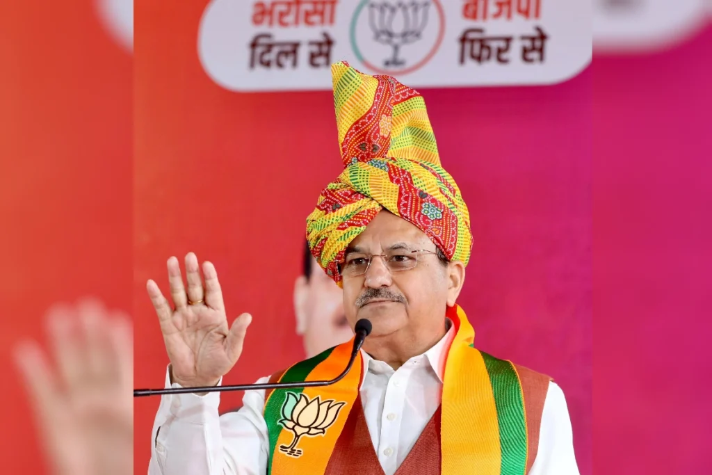 Rohtak: Union Minister of Health and Family Welfare and Bharatiya Janata Party (BJP) National President JP Nadda addresses at the release of the BJP manifesto for the State Assembly elections, in Rohtak on Thursday, September 19, 2024. (Photo: IANS)