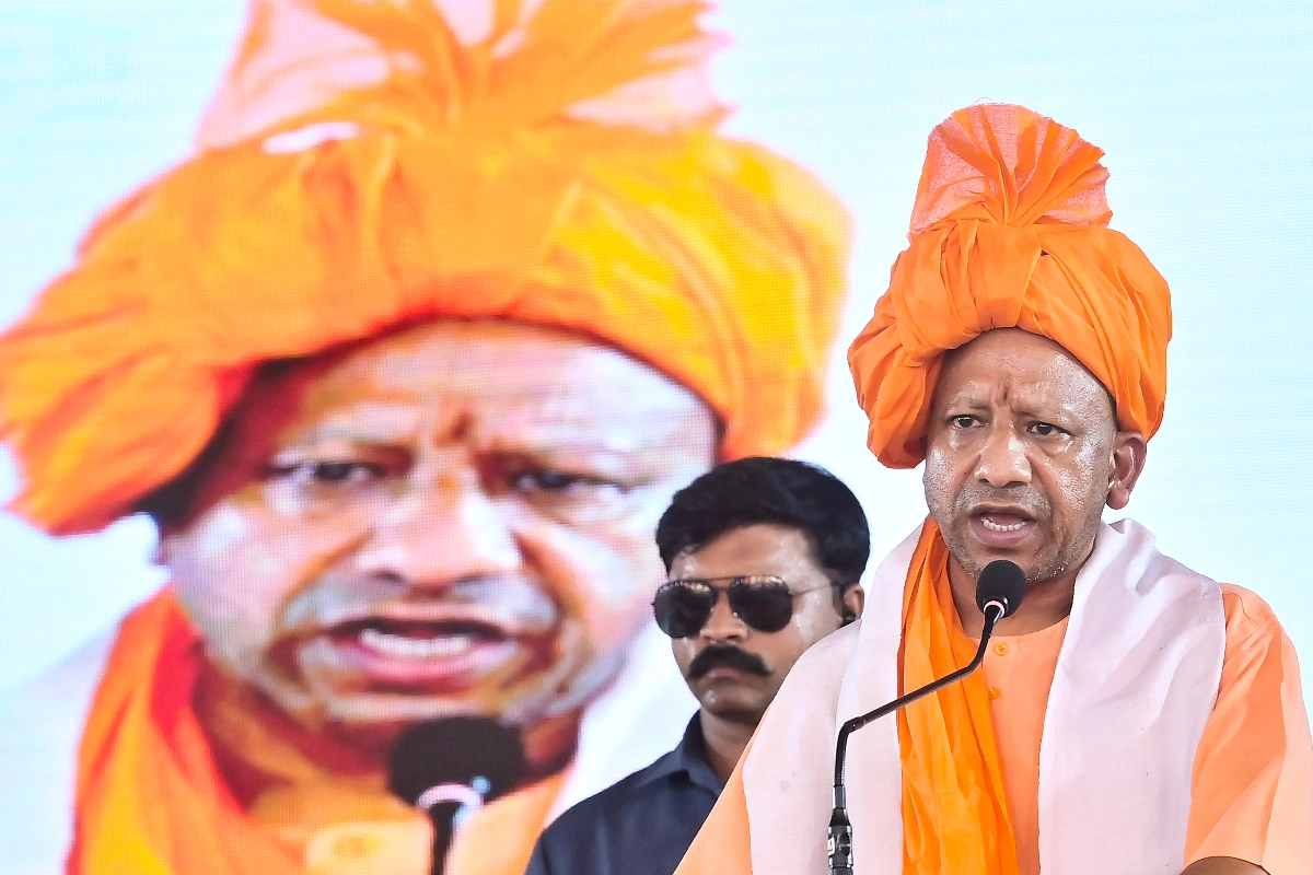 West Tripura: Uttar Pradesh Chief Minister Yogi Adityanath addresses the inauguration of Sidheshwari Temple, in West Tripura on Monday, September 16, 2024. (Photo: IANS/Abhisek Saha)