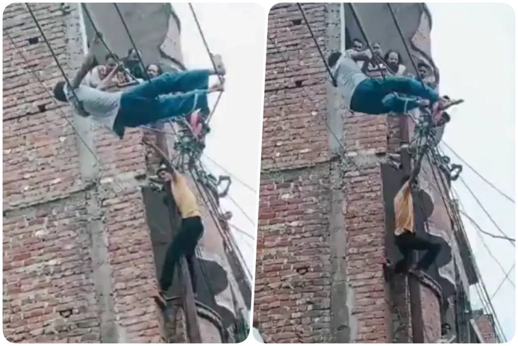 young man hanged on electric wires