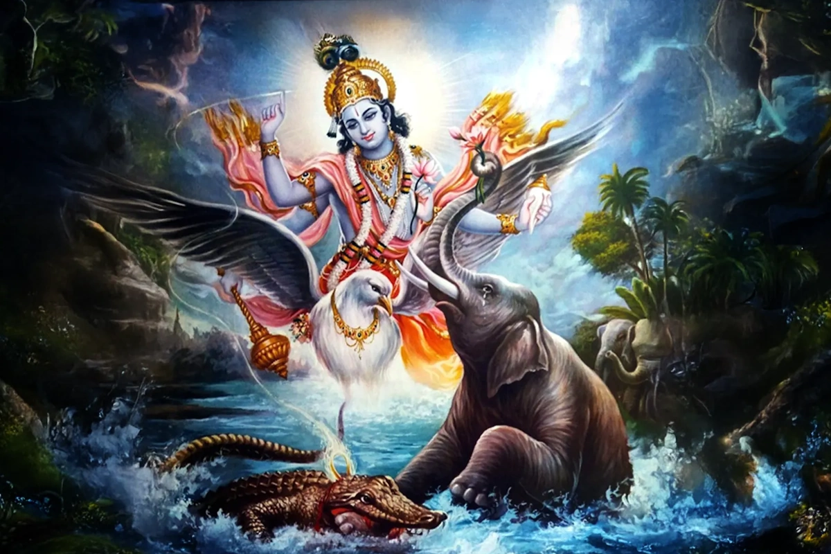 गजेंद्र मोक्ष की मुक्ति कथा मगरमच्छ के पंजे से संघर्षरत गजेंद्र को भगवान विष्णु ने मुक्त किया, यह आस्था और साहस की शक्ति को दर्शाता है.