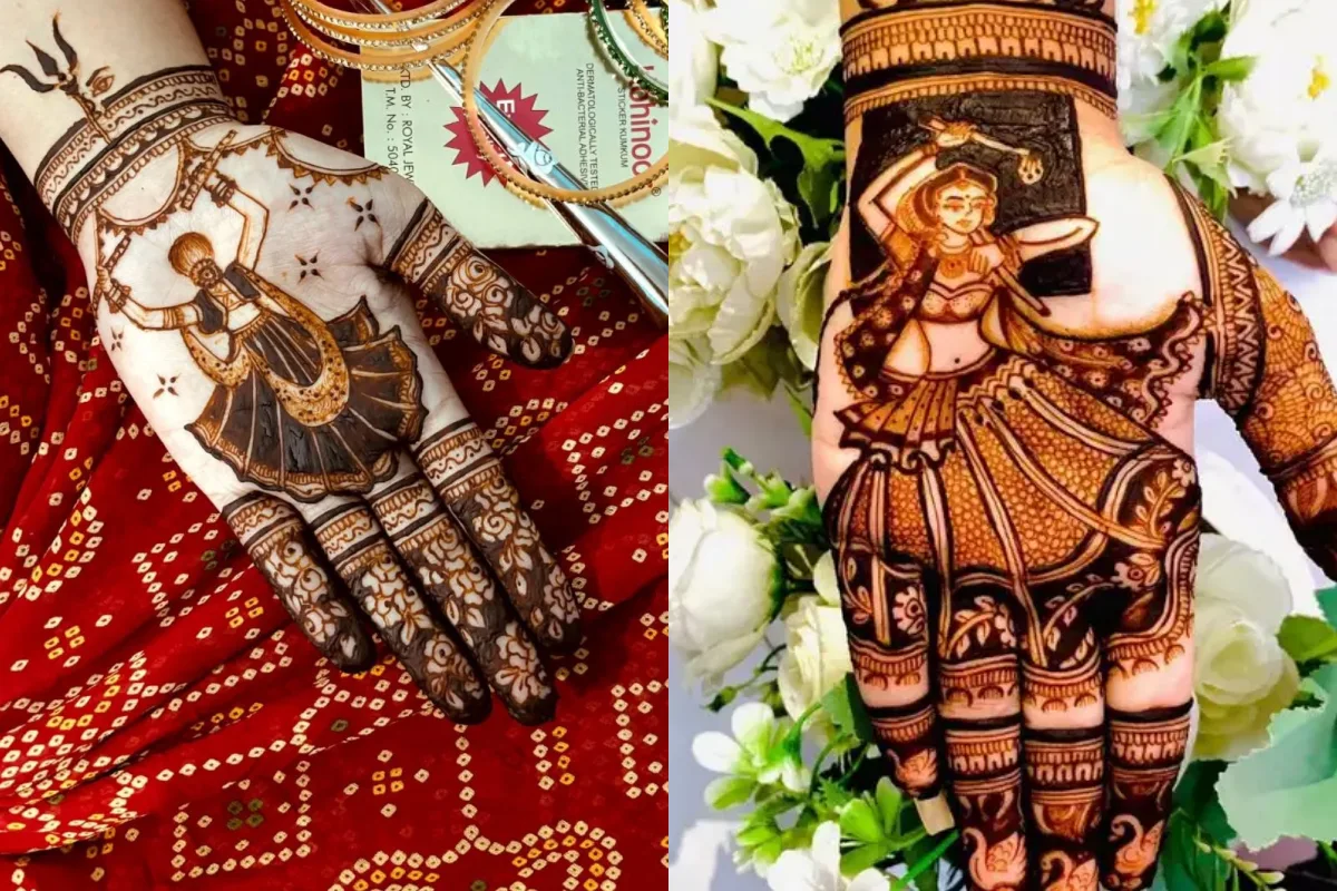 नवरात्रि में गरबा का मजा ही अलग है. अगर आप डांडिया या गरबा प्रोग्राम में जा रही हैं, तो गरबा करती हुई आकृति वाली मेहंदी आपके हाथों को खास बना देगी. 