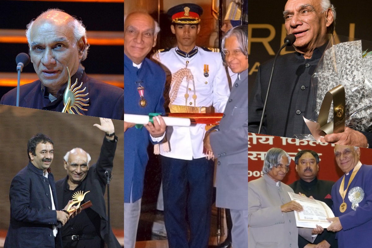 यश चोपड़ा को सिनेमा जगत में उनके योगदान के लिए छह राष्ट्रीय पुरस्कार और आठ फिल्मफेयर अवॉर्ड्स, 2001 में भारतीय सिनेमा का सर्वोच्च सम्मान दादासाहेब फाल्के पुरस्कार, 2005 में पद्म भूषण से सम्मानित किया गया है. यहीं नहीं उनको दुनिया भर के फिल्म समारोहों और संस्थाओं से भी लाइफटाइम अचीवमेंट अवॉर्ड्स भी दिए गए हैं.