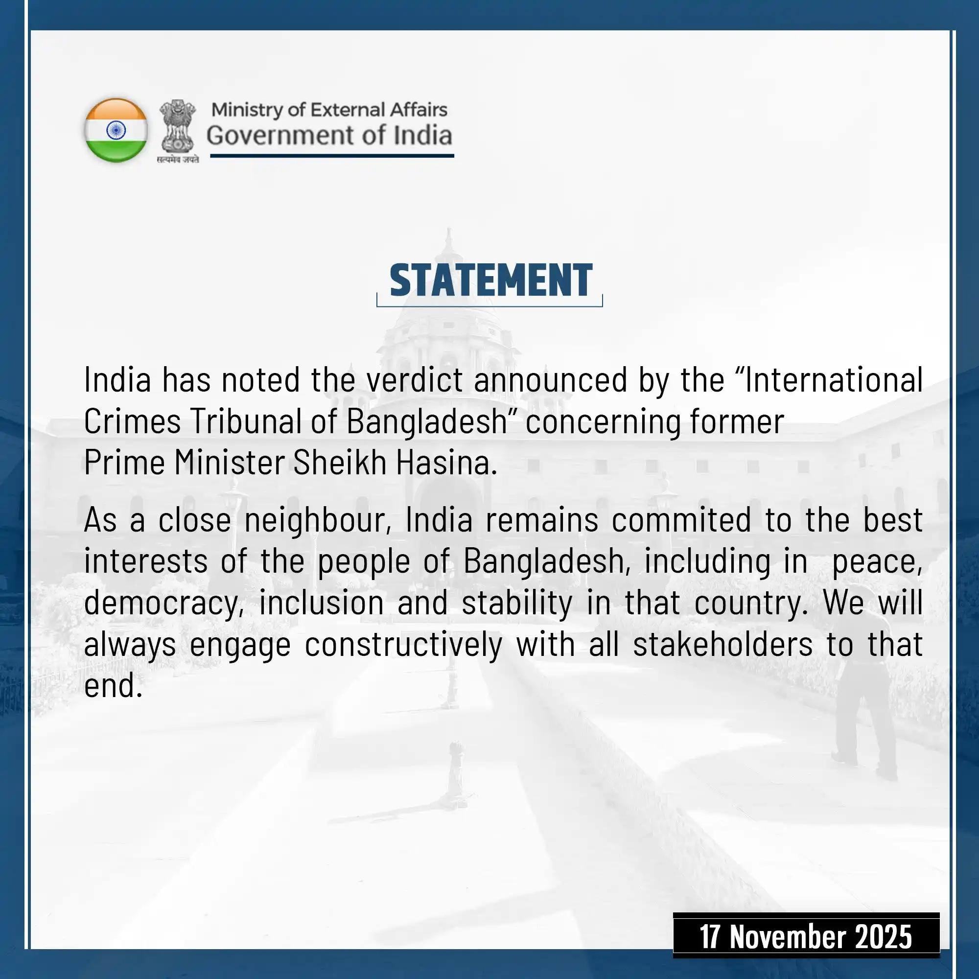 India First Reaction on Sheikh Hasina Death Sentence