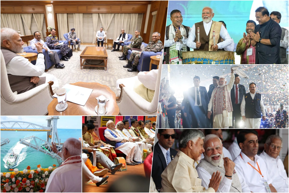 नई दिल्ली में 7 लोक कल्याण मार्ग पर ऑपरेशन सिंदूर के दौरान रक्षा मंत्री राजनाथ सिंह, एनएसए अजीत डोभाल और सेना प्रमुखों के साथ बैठक करते हुए पीएम मोदी (PM Modi). असम के गुवाहाटी में सरुसजाई स्टेडियम में झुमोइर बिनंदिनी-2025 कार्यक्रम में ढोल बजाते हुए पीएम मोदी ने स्थानीय संस्कृति के साथ जुड़ाव दिखाया. बिहार विधानसभा चुनावों में बीजेपी की जीत के बाद दिल्ली स्थित बीजेपी मुख्यालय से संबोधित करते हुए पीएम मोदी ने पार्टी कार्यकर्ताओं का आभार व्यक्त किया. तमिलनाडु के रामेश्वरम में पंबन ब्रिज का उद्घाटन करते हुए पीएम मोदी ने क्षेत्र के विकास के लिए अपनी प्रतिबद्धता जाहिर की. नई दिल्ली में संसद कार्यशाला में शामिल होते हुए पीएम मोदी ने विधायी कार्यों पर चर्चा की. आंध्र प्रदेश के पुट्टापर्थी में एन चंद्रबाबू नायडू के साथ मुस्कुराते हुए पीएम मोदी ने राजनीतिक गठबंधन की मजबूती को दर्शाया.