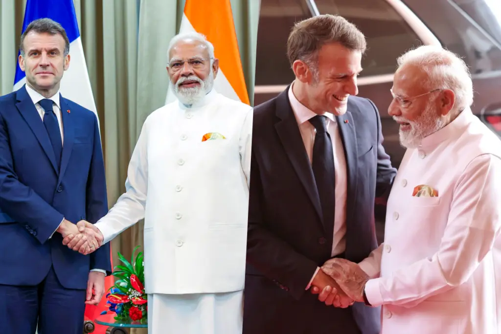 PM Modi and Emmanuel Macron meeting