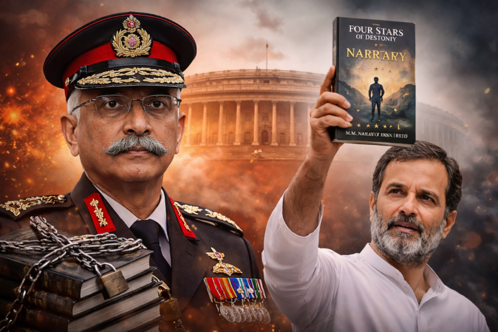 - Rahul Gandhi holding unpublished book of former Army Chief General Naravane