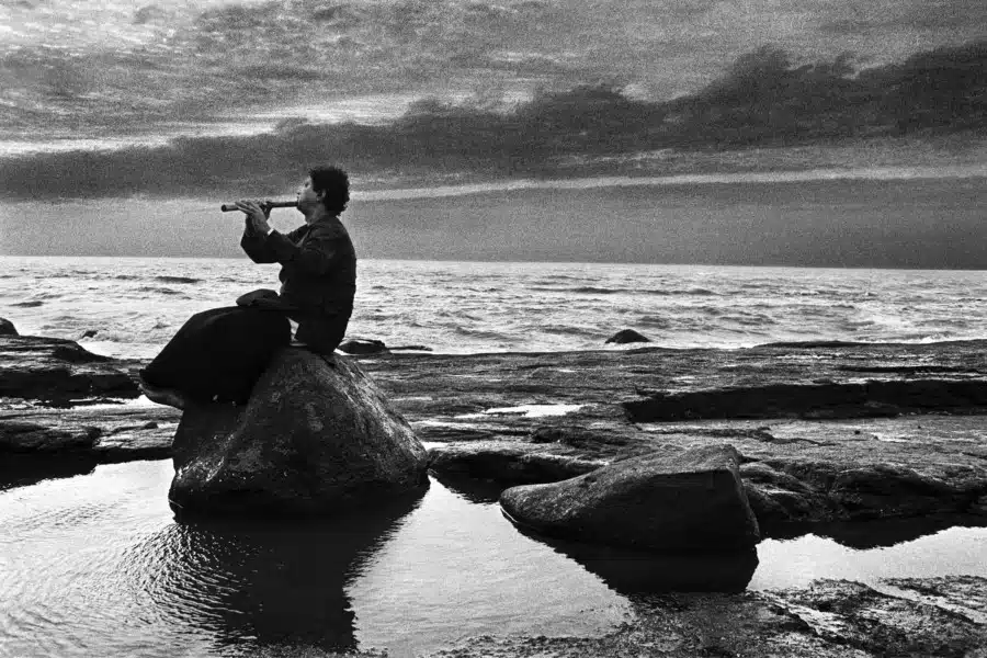 Raghu Rai. Pandit Hari Prasad Chaurasia in practice, 1988. Courtesy of the artist