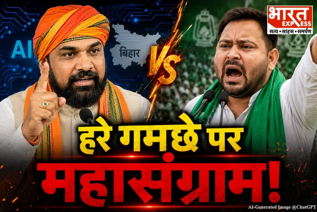 Bihar politics Samrat Choudhary AI Summit Green scarf controversy RJD Tejashwi Yadav