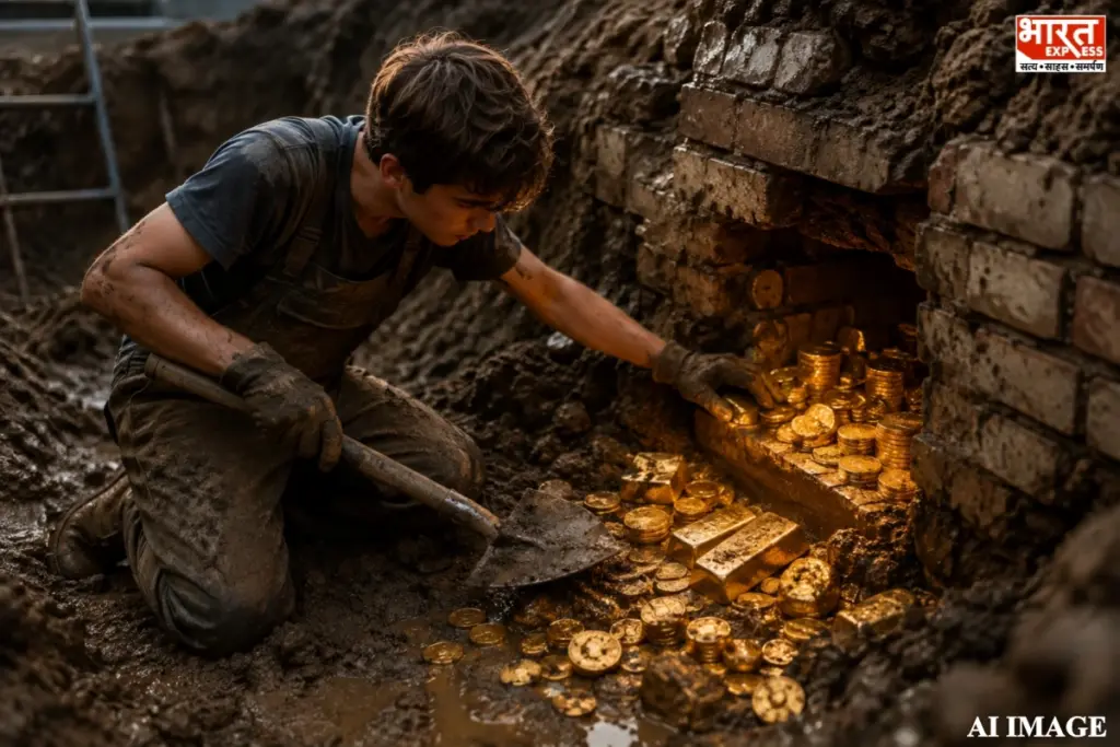 A young student digging at a construction site revealing shiny gold coins hidden behind an old brick wall.
