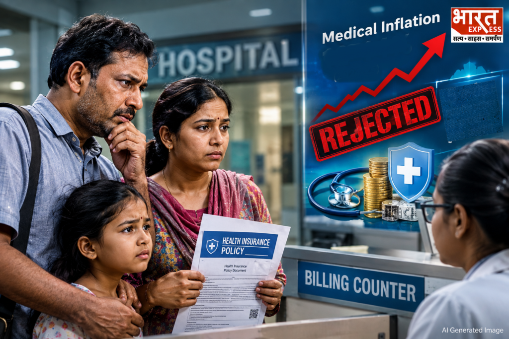 Hospital billing counter showing medical insurance claim rejection and inflation statistics in India