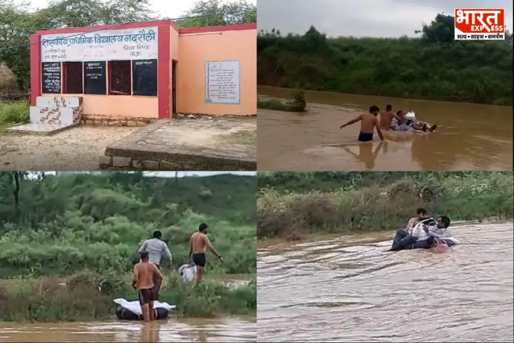 A government teacher and children crossing the swollen Baisli River in Bhind while sitting on an inner tube.
