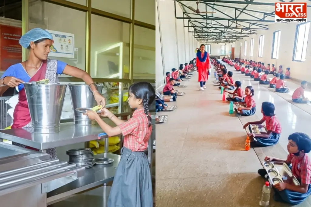Local mothers preparing healthy mid-day meals for children in a Surguja school kitchen.
