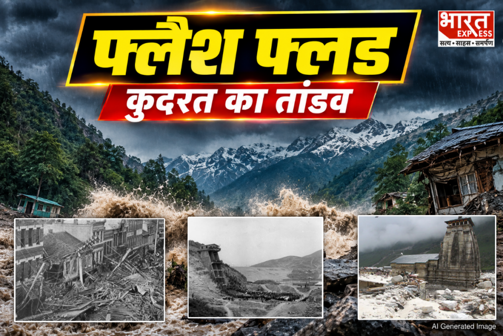 Massive mountain river torrent carrying mud, debris, and destroying riverside structures during a sudden flash flood in Nepal
