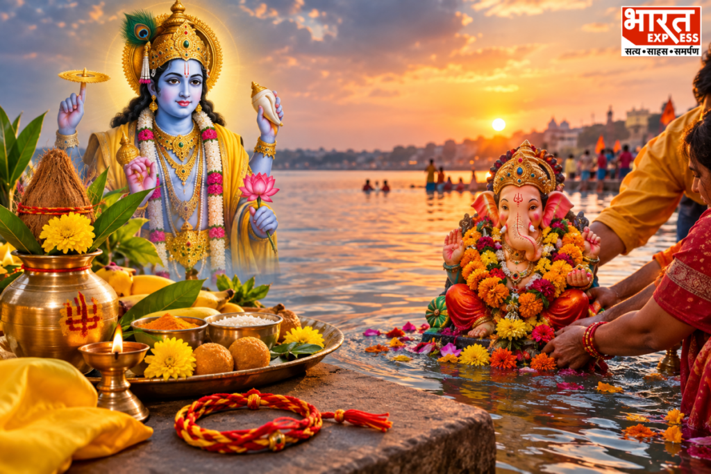 अनंत चतुर्दशी पर भगवान गणेश विसर्जन और विष्णु पूजा.