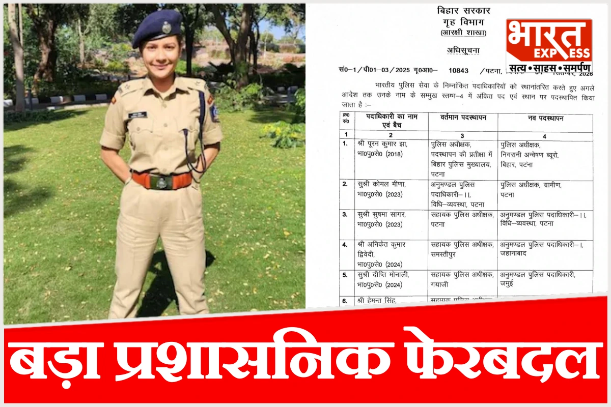 बिहार में बड़ा प्रशासनिक फेरबदल: 10 IPS की बदली जिम्मेदारी, कोमल मीणा को पटना ग्रामीण की कमान