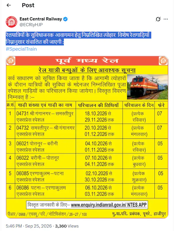 Chhath Special Trains