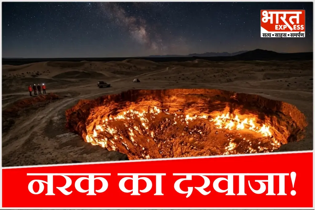 तुर्कमेनिस्तान के काराकुम रेगिस्तान में 55 सालों से जलता 'दरवाजा गैस क्रेटर'.