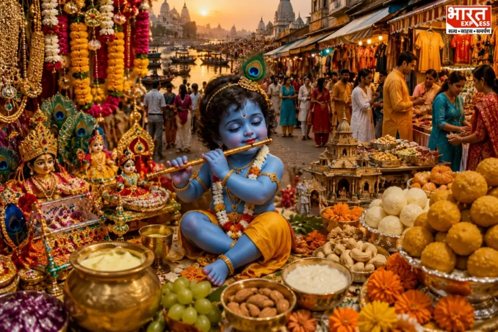 श्रीकृष्ण जन्माष्टमी के अवसर पर भारतीय बाजारों में पूजा सामग्री, मिठाई और सजावटी सामानों की खरीदारी करती भीड़.