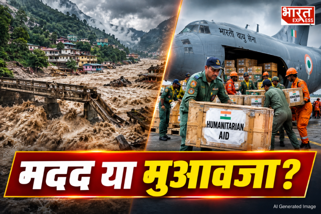 Nepal flood devastation with rescue teams operating near river valley alongside relief supply crates