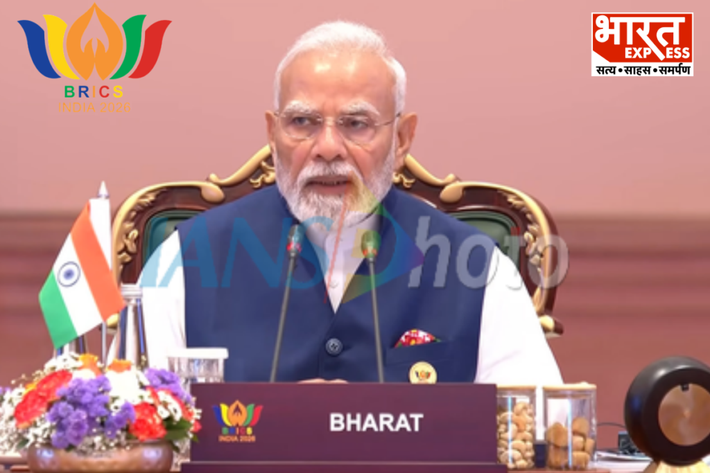 Prime Minister Narendra Modi addressing the 18th BRICS Summit session on inclusive global governance in New Delhi, leading to the adoption of the New Delhi Declaration