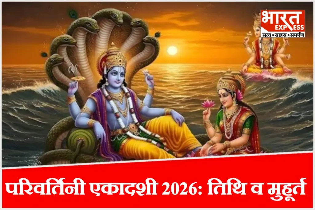 भगवान विष्णु के वामन रूप और परिवर्तिनी एकादशी की पूजा विधि व पारण मुहूर्त को दर्शाती धार्मिक तस्वीर.