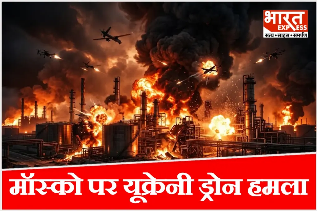 मॉस्को की ऑयल रिफाइनरी पर यूक्रेनी ड्रोन हमले के बाद आसमान में फैला काला धुआं.