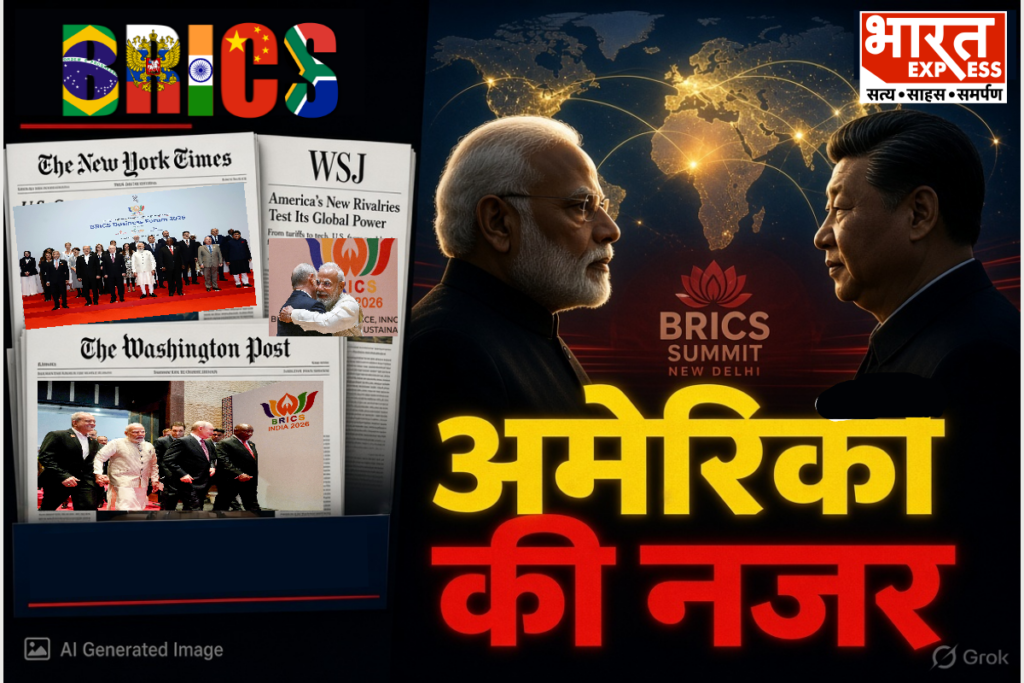 Major US newspapers highlighting the 18th BRICS Summit in New Delhi, focusing on India's strategic balancing act, PM Modi, and global geopolitical shifts
