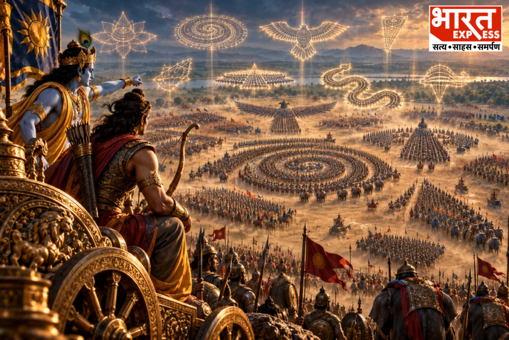 Ancient Indian battlefield array formation illustration depicting ancient chariots, elephants, and soldiers organized in tactical vyuhas at Kurukshetra