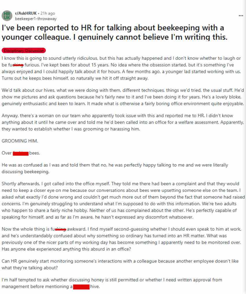 corporate-office-hr-complaint-reddit-viral-story-beekeeping-hobby-workplace-dispute