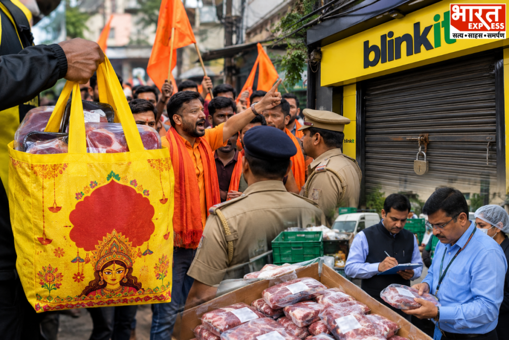 फतेहपुर के पटेल नगर स्थित ब्लिंकिट स्टोर पर 'हैप्पी नवरात्रि' लिखे थैले में मीट की डिलीवरी का आरोप. बजरंग दल के हंगामे के बाद खाद्य सुरक्षा विभाग ने 166 पैकेट किए सीज.