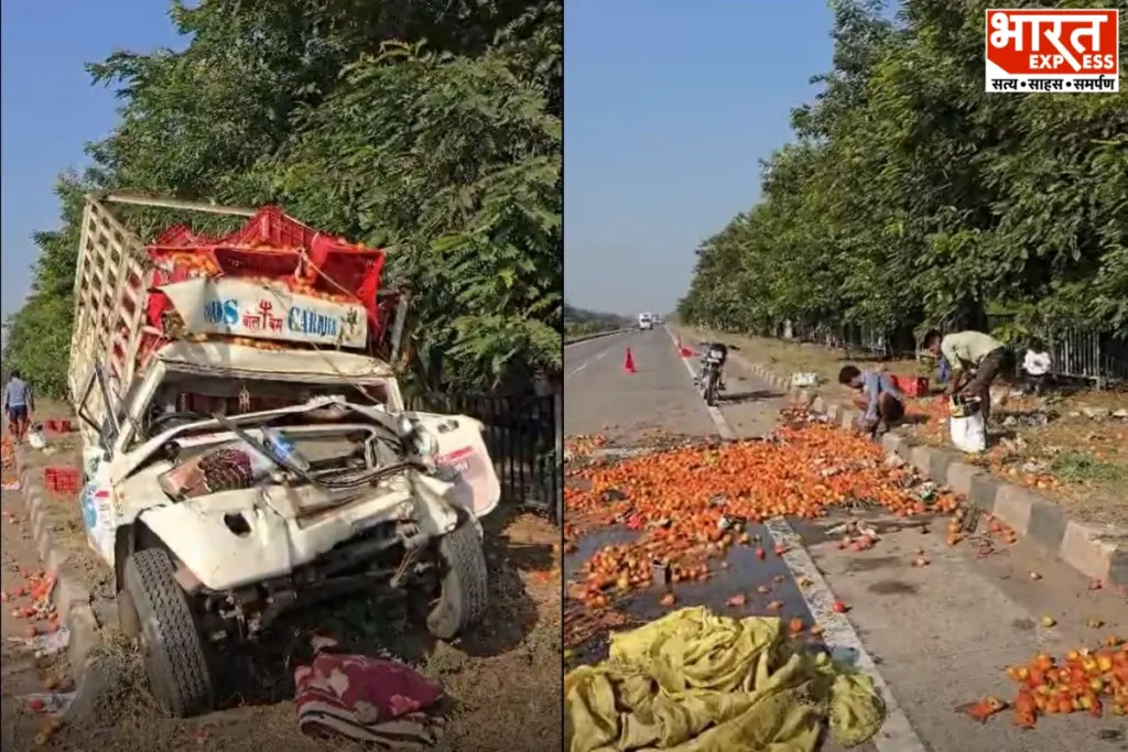 जबलपुर के खजरी खिरिया बाईपास पर तेज रफ्तार ट्रक ने टमाटर से लदे पिकअप को टक्कर मार दी. हादसे में चालक घायल हो गया और सड़क पर बिखरे टमाटरों की राहगीरों में लूट मच गई.