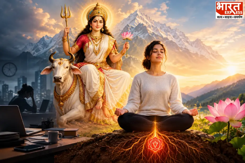मां शैलपुत्री वृषभ पर सवार, हाथ में त्रिशूल और कमल धारण किए हुए. यह रूप आज की भागदौड़ भरी जिंदगी में ग्राउंडिंग और मानसिक मजबूती का संदेश देता है.
